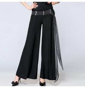 Black with sashes women's long length wide leg ballroom waltz latin salsa dance pants trousers