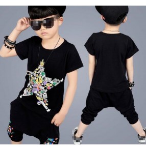 Black with star printed fashion boys toddlers summer sports performance jazz hip hop dance tops harem pants outfits