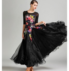 Black with velvet flowers Ballroom Dance Dresses Standard Stage Costume Performance Women Smooth Ballroom Dress Modern Waltz Tango Dress