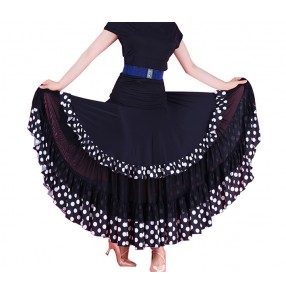 Black with white polka dot printed patchwork fashion women's ladies performance competition tango waltz ballroom dance skirts