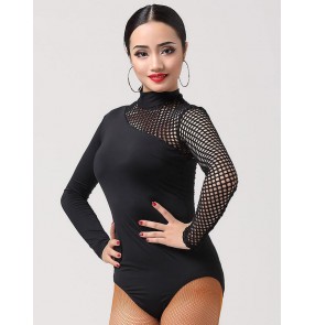 Black women Latin Leotard Bodysuit Tango Samba tops Salsa Ballroom Dance Dresses Long Sleeve Spandex Full Body Leotard