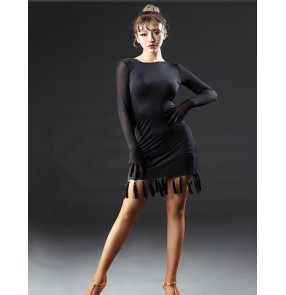Black women's ladies long sleeves competition performance latin salsa cha cha dance dresses outfits costumes