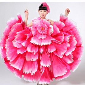 Blue red fuchsia yellow gold petals competition girls kids school performance flamenco chorus Spanish bull dance dresses