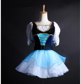 Blue royal blue white patchwork velvet palace England style short sleeves competition ballet tuttu skirt dance dresses