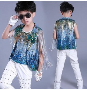 Blue sequins paillette vest fringes waistcoat white rivet pants fashion boys kids children school play stage performance hip hop jazz singer drummer dance outfits tops costumes