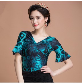 Blue turquoise leopard printed black patchwork long sleeves women's ladies turtle neck competition performance ballroom tango waltz dancing tops blouses