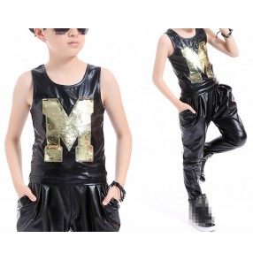 Boys Gold black leathe Jazz Hip Hop Dance Competition Costume Kid  Clothes drummer competition Top Pants Dancing Wear