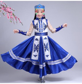 Child kids red royal blue Mongolian Costume for girls Stage Dance Chinese Ethnic Mongolian Dance Dress robes Chinese Minority Clothing Apparel outfit