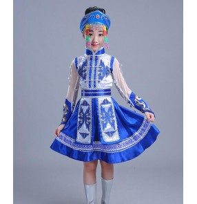 Child Mongolian Costume for Stage Dance Women Chinese Ethnic Girls cosplay Mongolia Dance Dress Chinese Minority robes Clothing 