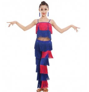 child tassels Latin Dance Girls Samba salsa dresses performance Costumes Children for kids latino cha cha layers tassels tops pants