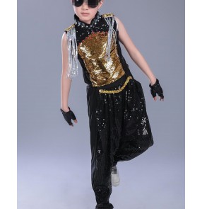  Children Sets  Boy Black gold sequins paillette Jazz Hip Hop Modern Dancewear Set Kid Dance Costume Short Sleeve Top & Pants