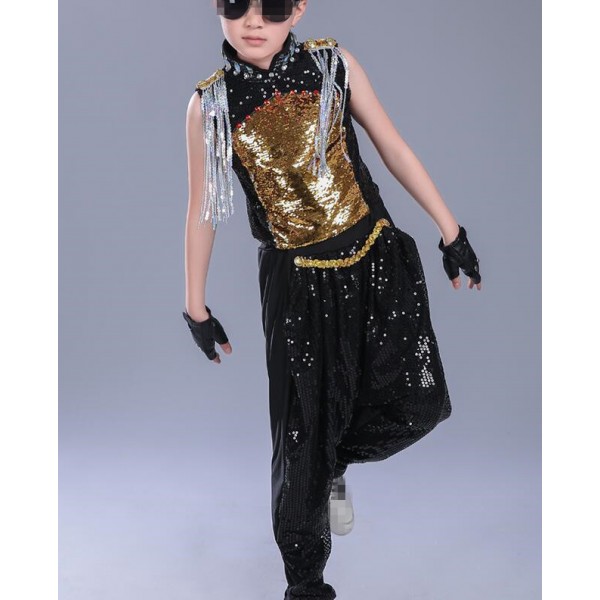 Children's Hip-Hop Jazz Sequins Performance Costumes Dancewear Kids Top&Pants 