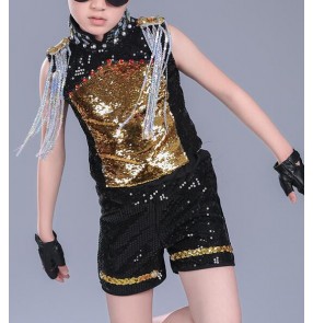 Children Sets Girl Boys Black and gold sequins paillette Jazz Hip Hop Modern Dancewear Set Kid Dance Costume Top & Shorts 