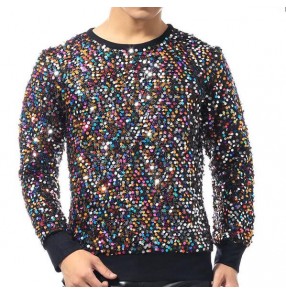 Colorful colored sequins glitter men's male jazz singers night club bar hip hop dancers performance t shirts tops 