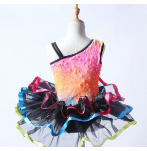 Colorful sequins colored one shoulder modern dance girls kids children performance tutu skirt ballet dance outfits dresses