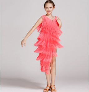 Coral neon green turquoise yellow light pink fringes girls kids children performance competition salsa cha cha dance dresses 