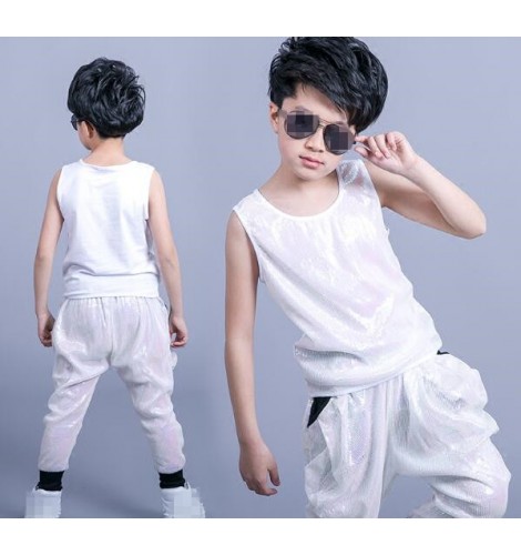 Boys Jazz Dance Wear : Cream white sequins glitter performance boys jazz  singers dancers competition hip hop dance outfits vest harem pants