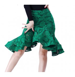 Dark green royal blue black red lace ruffles skirts competition performance women's ladies latin salsa dance skirts