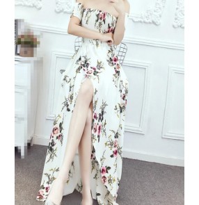 Dew shoulder  vintage pattern fashion   women's  Maxi beach dresses vestidos