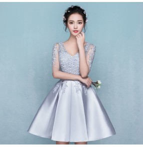 Evening dress Silver short design the banquet dress one-piece dress V-neck plus size women short evening dresses