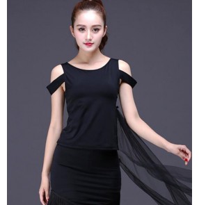 Fashion Adult Ballroom Costume dew shoulder Strap Sexy Latin dance tops for women female performance wear t shirts