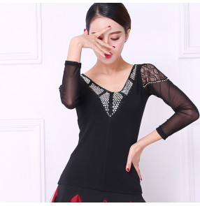 Fashion Adult Ballroom Costume Lace long sleeves see through Sexy Latin dance top  blouses for women/female Vogue performance wear 