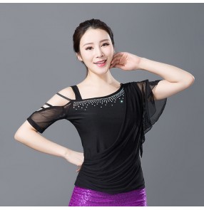 Fashion Adult Ballroom Costume Spaghetti Strap Sexy Latin dance top for women/female Vogue short-sleeve performance wear 