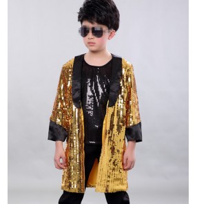 Fashion Children Gold sequins paillette Jazz Dance Clothing Boys Street Dance Hip Hop Dance coats Kids show Performance tops