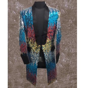  Fashion Turquoise Colorful Sequins Long Jacket Blazer Nightclub Bar Stage Show Male Singer Dancer Performance Costumes Coat