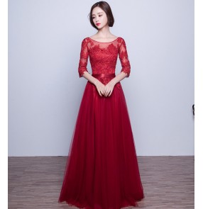 fashion wine red lace evening dress new Half sleeves appliques lace women formal gown for prom party vestido festa