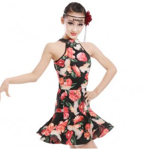 Floral printed halter neck competition performance girls kids children latin salsa dance dresses costumes