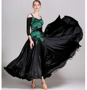 Fuchsia green lace patchwork dew shoulder women's ladies competition performance ballroom waltz tango dance long dresses