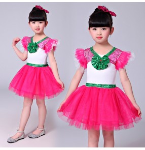 Fuchsia hot pink green sequins patchwork girls princess modern dance jazz singers dancers performance dresses