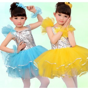 Fuchsia hot pink yellow turquoise sequins silver glitter performance girls kids children jazz singers outfits dresses