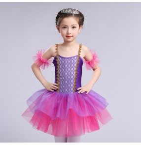 Fuchsia purple patchwork dew shoulder girls princess modern dance tutu skirt ballet dance dresses