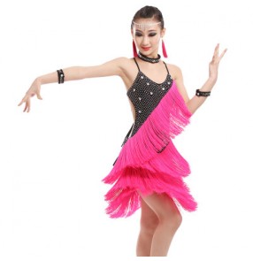 Fuchsia red white rhinestones handmade competition girls kids children fringes latin ballroom dance dresses