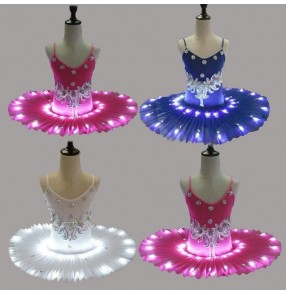 Fuchsia royal blue white led light tutu skirt girls competition rehearsal performance pancake ballet dance leotards dresses