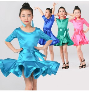 Girl  short Sleeves satin Latin Dance Dress Children Ballroom Dance Dresses Kids Salsa Rumba Cha Cha Samba Tango Dress