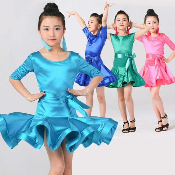 Girl Short Sleeves Satin Latin Dance Dress Children Ballroom Dance Dresses Kids Salsa Rumba Cha Cha Samba Tango Dress