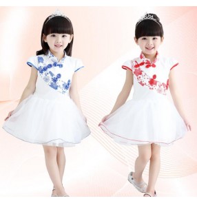Girls child kids children baby blue and white red and white cheongsam short sleeves modern stage performance jazz dance dresses costumes