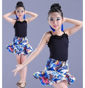 Girls floral printed sleeveless Latin Dance Dress Children Ballroom Dance Dresses Kids Salsa Rumba Cha Cha Samba Tango Dress