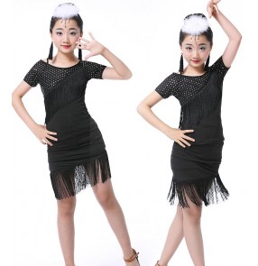 Girls Kids Children Modern Ballroom Latin Dance Dress Fringe Salsa Tango Dance Wear Black Performance Stage Wear