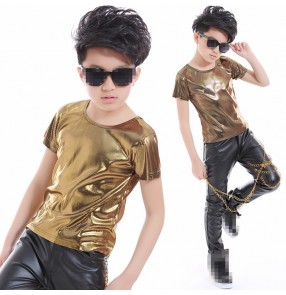 Gold black leather patchwork paillette fashion boys kids children hip hop jazz competition singers dancers tops and pants 