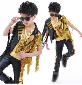 Gold black patchwork fringes tassel boyskids children  motorcycle modern competition performance jazz hip hop dance outfits costumes