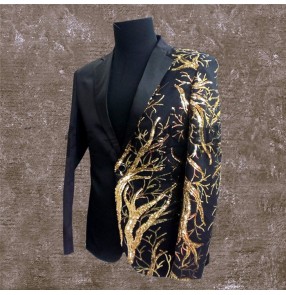 Gold Blazer For Men Stage Costumes Club Singer Dragon Sequins Black Red Gold Blazer Stage Black Red Gold Blazer Men