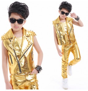 Gold glitter paillette leather fashion motorcycle rivet boys kids children school competition performance jazz hip hop drummer chorus dancing outfits