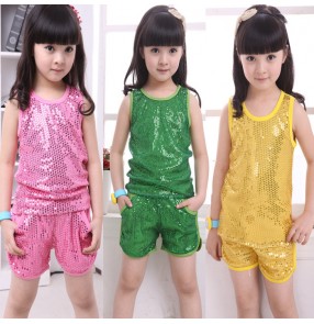 Gold green royal blue hot pink sequins paillette girls kids children school performance jazz singers hip hop dance outfits