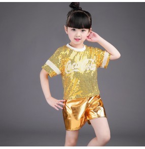 Gold hot pink fuchsia sequins girls boys paillette fashion modern dance jazz singers performance dance outfits