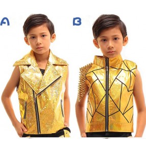 Gold laser shiny glitter boys kids children modern dance rivet jazz hip hop singers drummer dancers waistcoats jackets