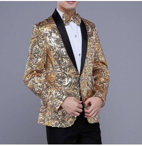 Gold pink embroidery sequins jacket male costume men's prom wedding dance outerwear singer party Christmas performance show fashion blazers